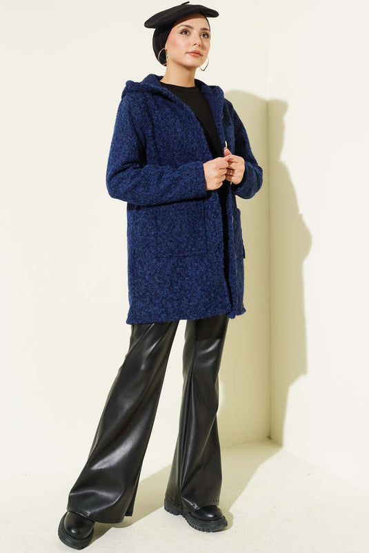 Buttoned Hooded Boucle Cardigan Navy Blue