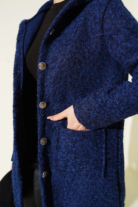 Buttoned Hooded Boucle Cardigan Navy Blue