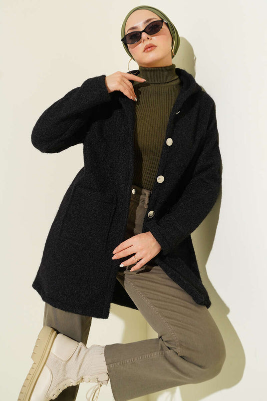 Buttoned Hooded Boucle Cardigan Black