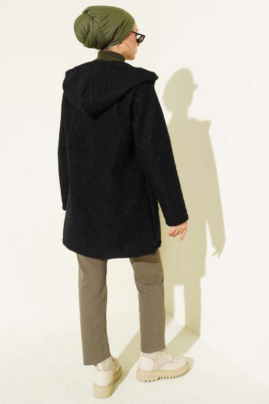 Buttoned Hooded Boucle Cardigan Black