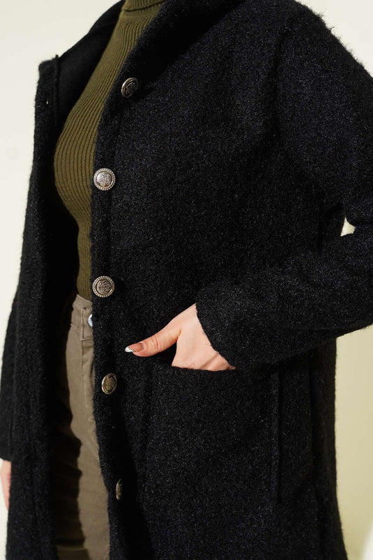 Buttoned Hooded Boucle Cardigan Black
