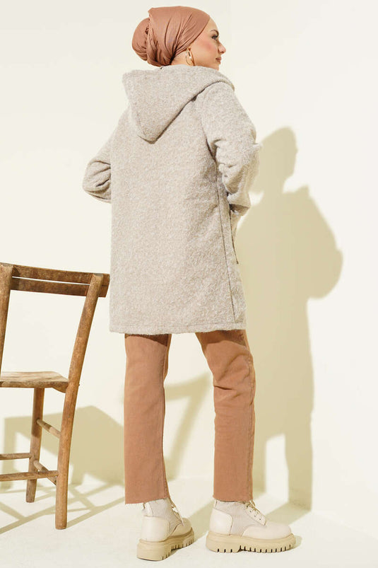 Buttoned Hooded Boucle Cardigan Mink