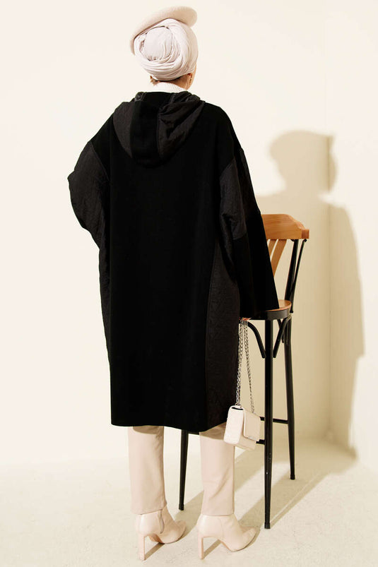 Buttoned Hooded Grani Poncho Black
