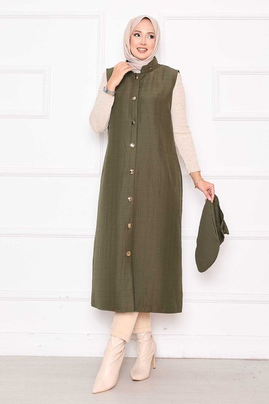 Gilet long matelassé boutonné et à capuche kaki