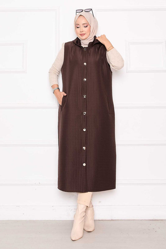 Buttoned & Hooded Long Quilted Vest Brown