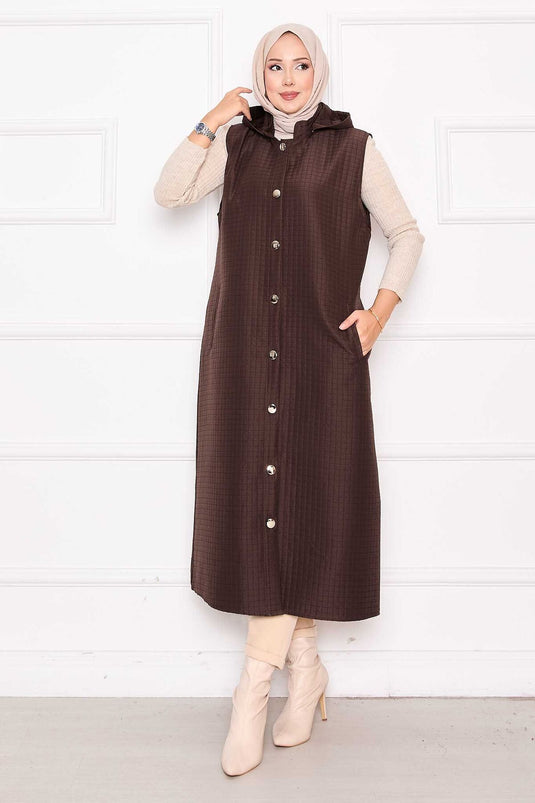 Buttoned & Hooded Long Quilted Vest Brown