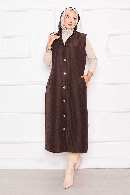 Buttoned & Hooded Long Quilted Vest Brown