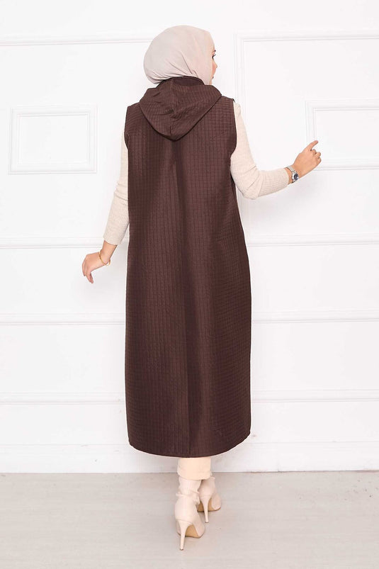 Buttoned & Hooded Long Quilted Vest Brown