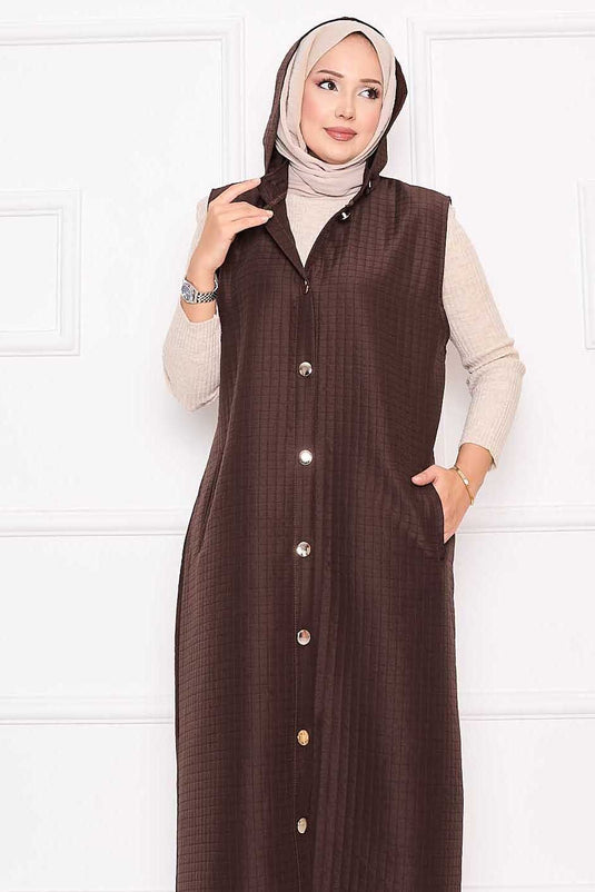 Gilet matelassé long boutonné et à capuche marron