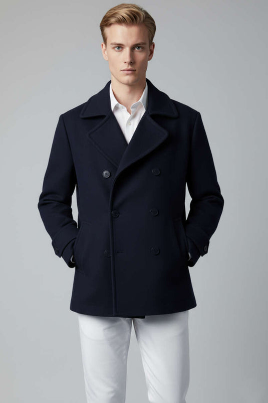 Men's Buttoned Cashmere Jacket, Navy Blue