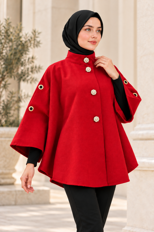 Cape En Laine Boutonnée Rouge