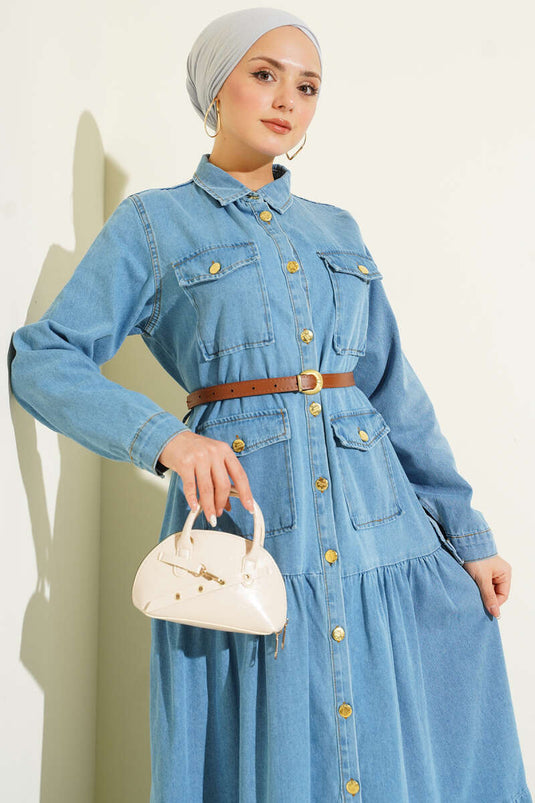 Düğmeli Kemerli Cepli Kot Elbise Açık Mavi