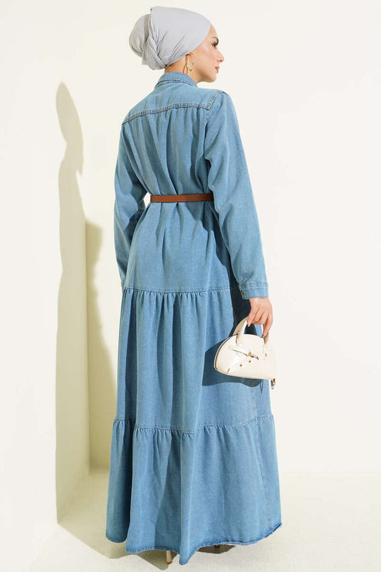Düğmeli Kemerli Cepli Kot Elbise Açık Mavi