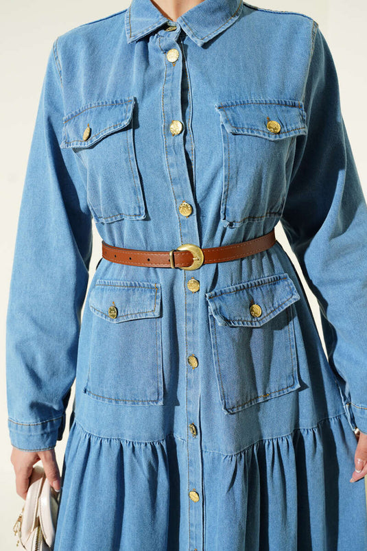 Düğmeli Kemerli Cepli Kot Elbise Açık Mavi