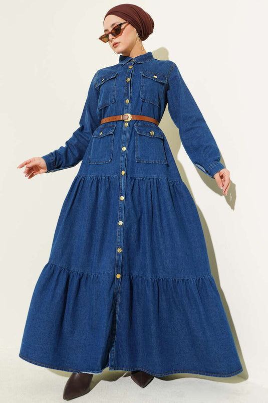 Düğmeli Kemerli Cepli Kot Elbise Mavi