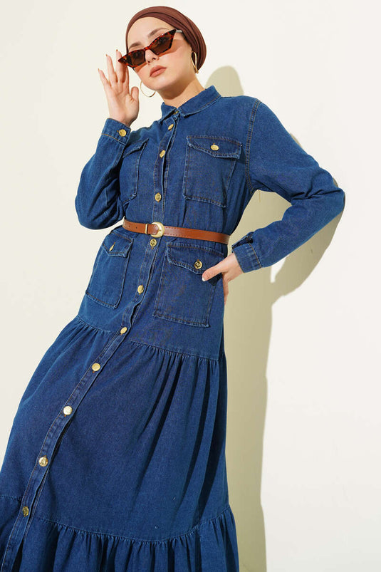 Düğmeli Kemerli Cepli Kot Elbise Mavi