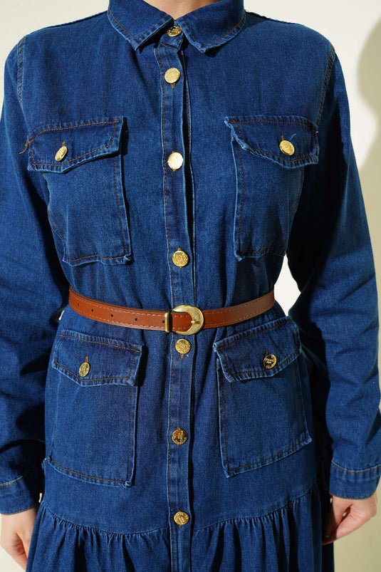 Düğmeli Kemerli Cepli Kot Elbise Mavi