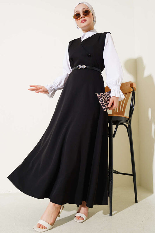 Buttoned Belted Vest Dress Black