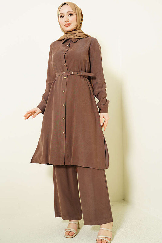 Buttoned Belted Long Tunic Two-Piece Set Brown