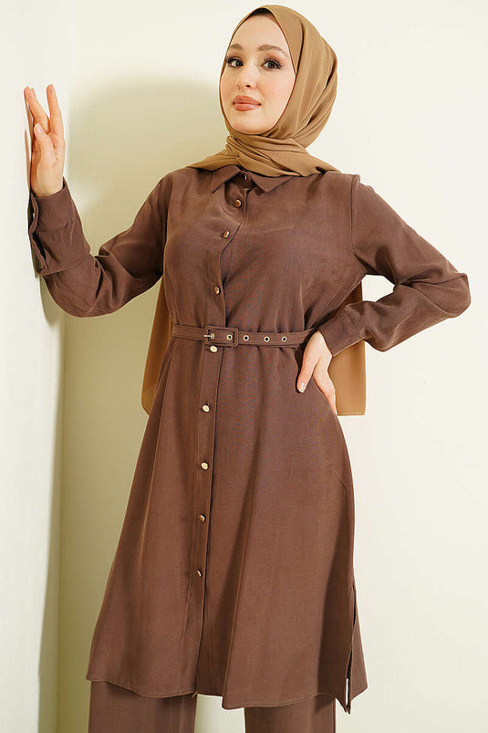 Buttoned Belted Long Tunic Two-Piece Set Brown