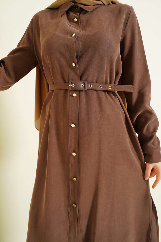 Buttoned Belted Long Tunic Two-Piece Set Brown