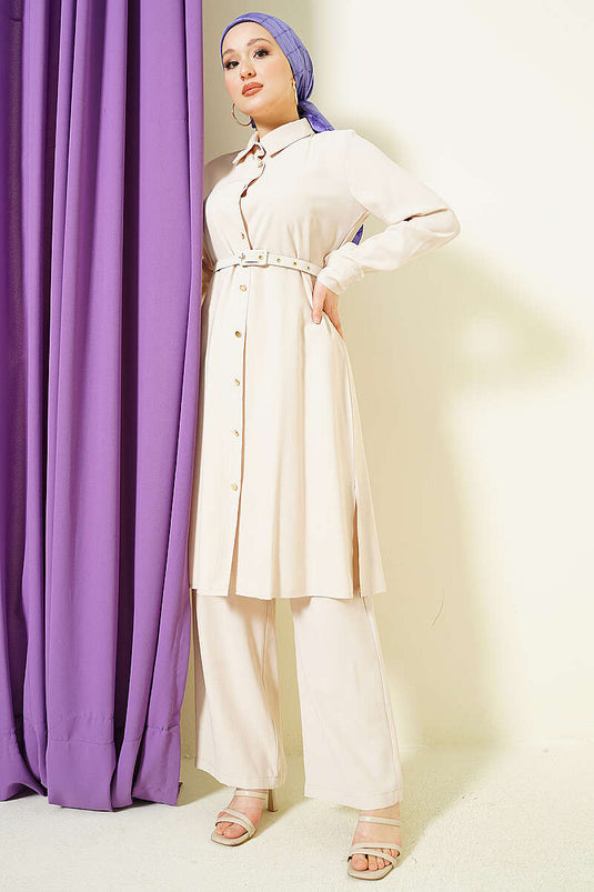 Long Tunic Set with Buttons and Belt, Stone Color