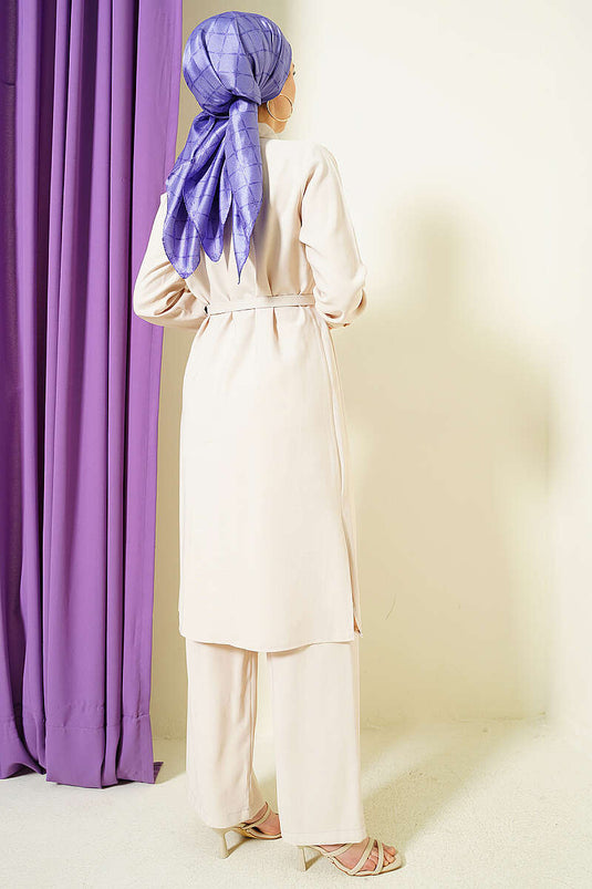 Long Tunic Set with Buttons and Belt, Stone Color