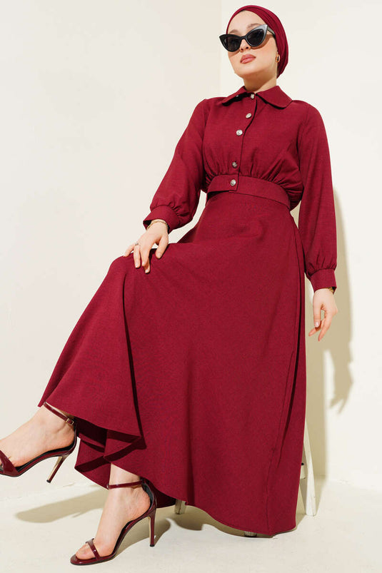 Buttoned Short Jacket with Skirt Two-Piece Set Burgundy