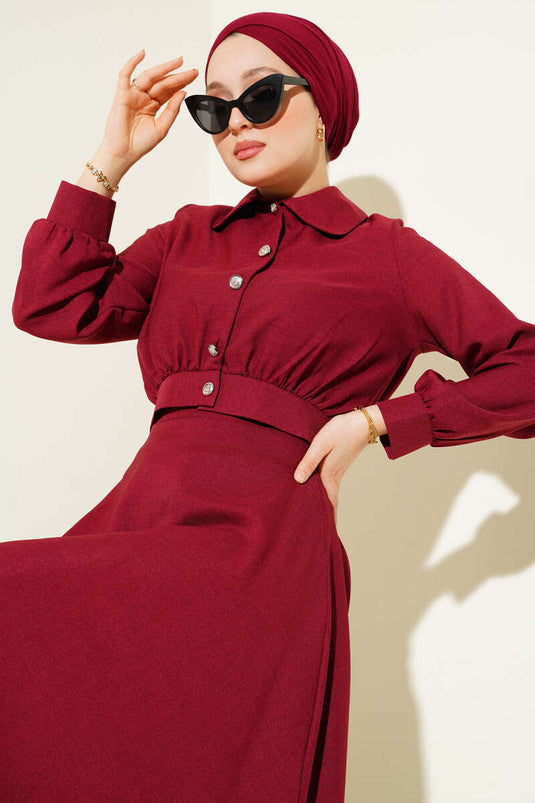 Buttoned Short Jacket with Skirt Two-Piece Set Burgundy