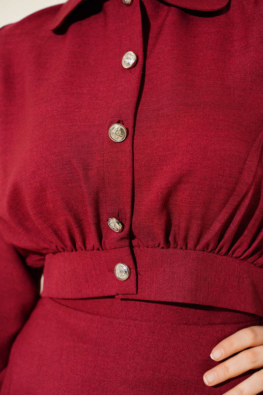 Buttoned Short Jacket with Skirt Two-Piece Set Burgundy