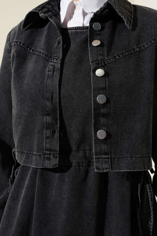 Costume deux pièces en jean avec veste courte boutonnée Anthracite