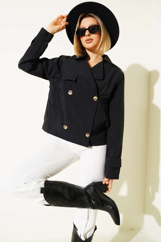 Trench-coat court boutonné, noir