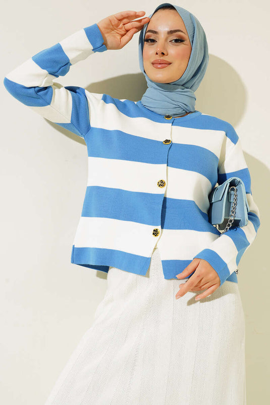 Buttoned Short Knit Cardigan Blue