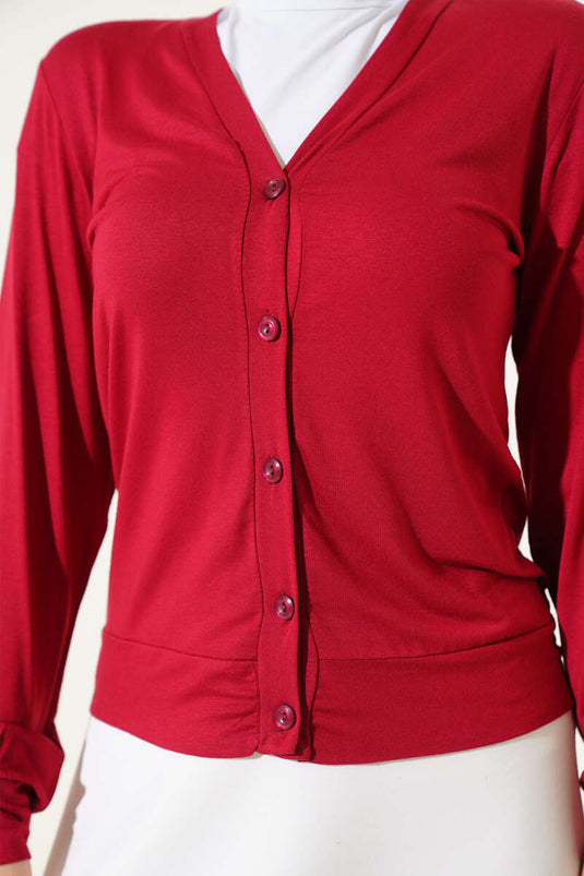 Buttoned Short Viscose Cardigan Claret Red