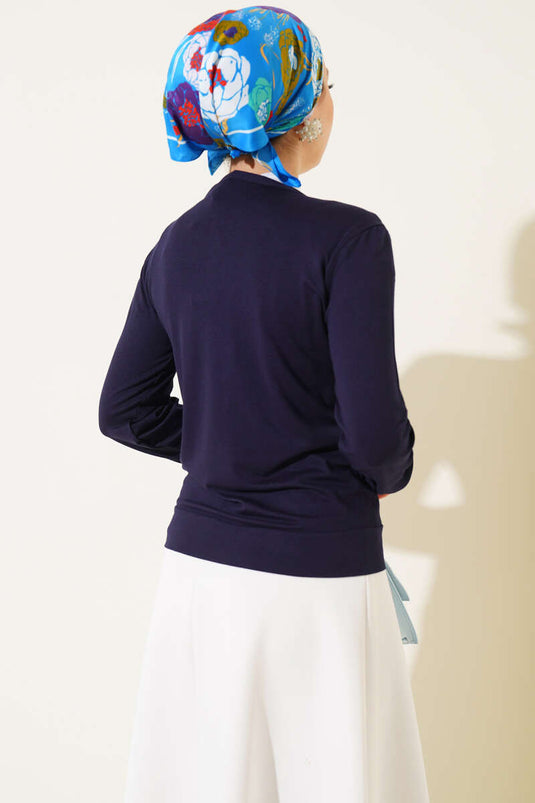 Buttoned Short Viscose Cardigan Navy Blue