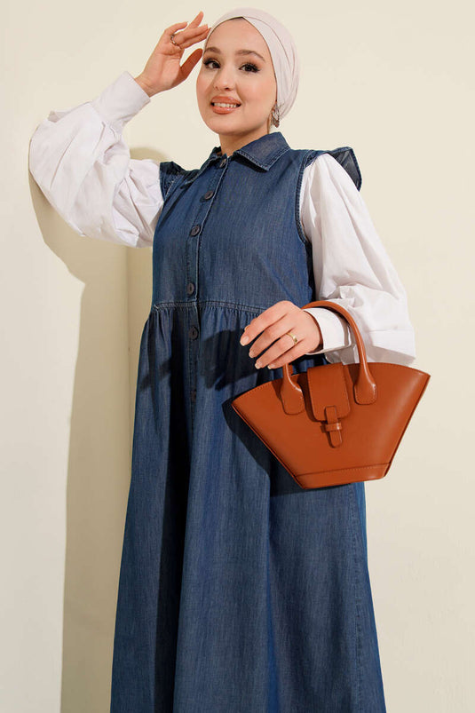 Düğmeli Kot Jile Elbise Koyu Mavi