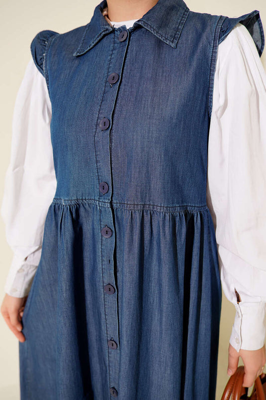 Düğmeli Kot Jile Elbise Koyu Mavi