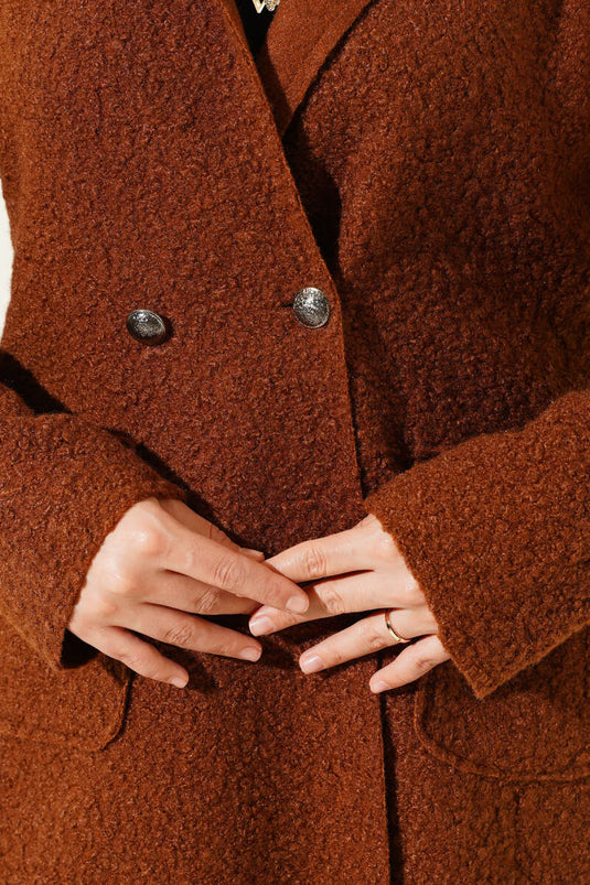 Buttoned Double-Breasted Boucle Jacket Brown