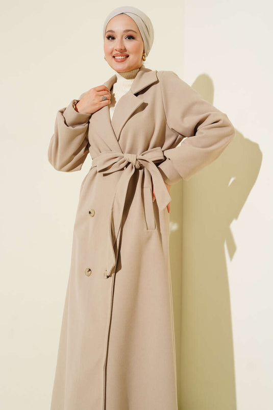Buttoned Belt Detailed Cashmere Coat Beige