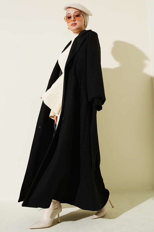 معطف كشمير أسود بتفاصيل حزام وأزرار