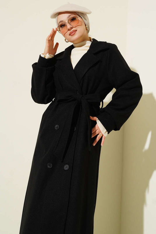 Düğmeli Kuşak Detaylı Kaşe Kaban Siyah