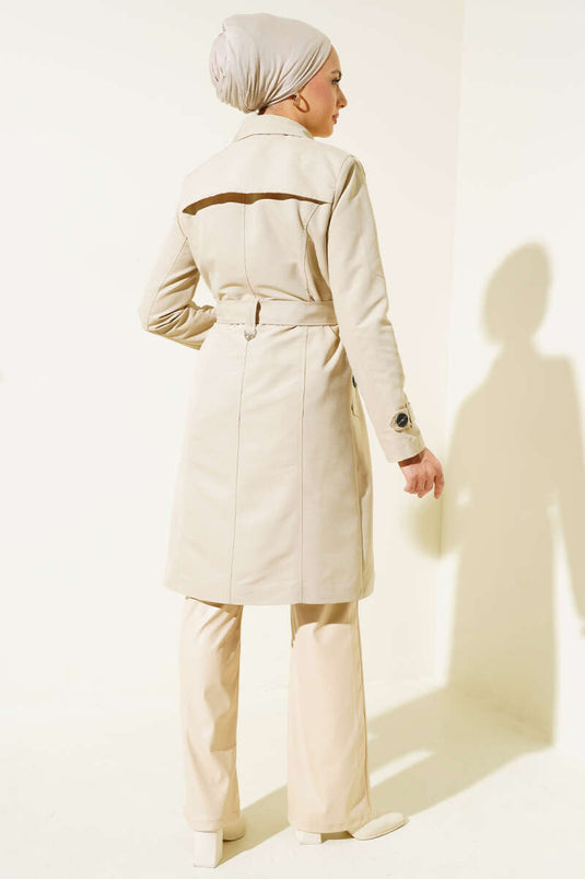 Buttoned Belted Car Coat Trench Coat Beige