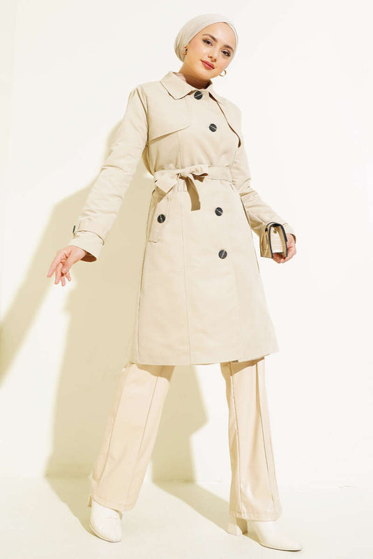 Buttoned Belted Car Coat Trench Coat Beige