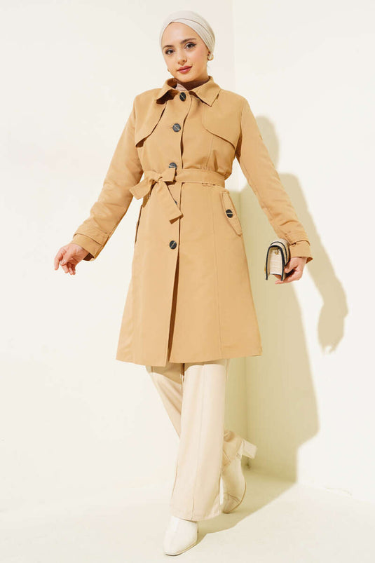 Buttoned Belted Car Coat Trench Coat Camel