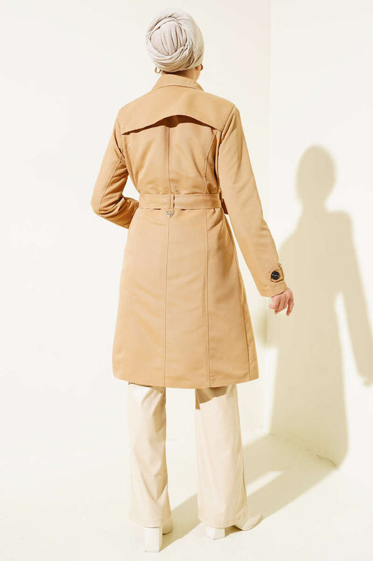 Buttoned Belted Car Coat Trench Coat Camel