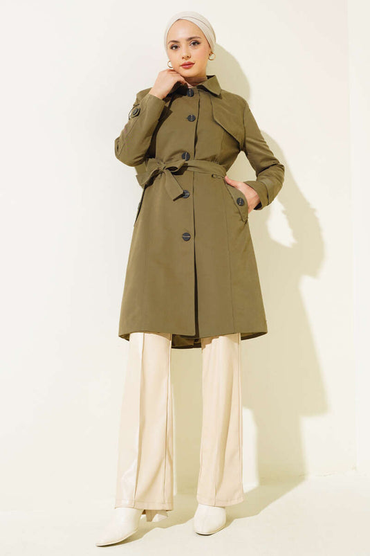 Buttoned Belted Carboy Trench Coat Khaki