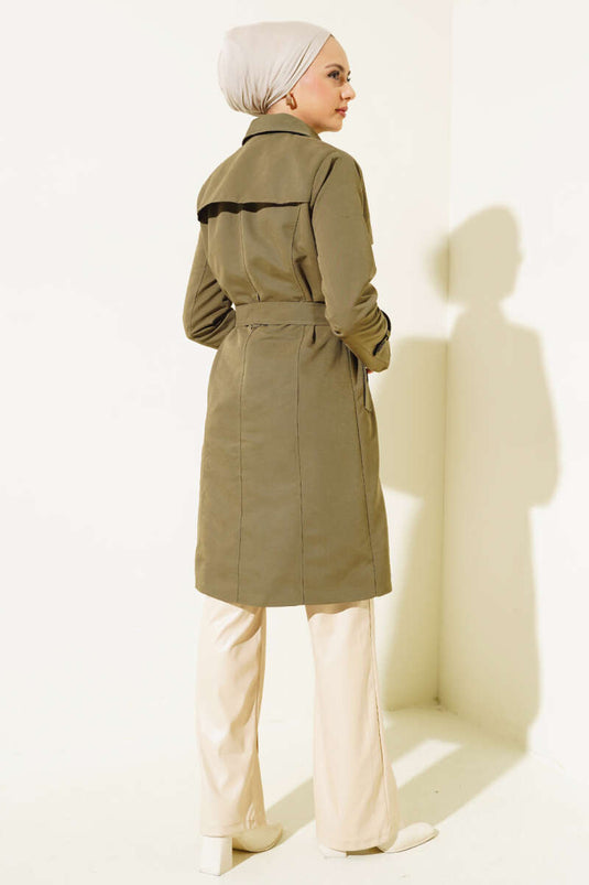 Buttoned Belted Carboy Trench Coat Khaki