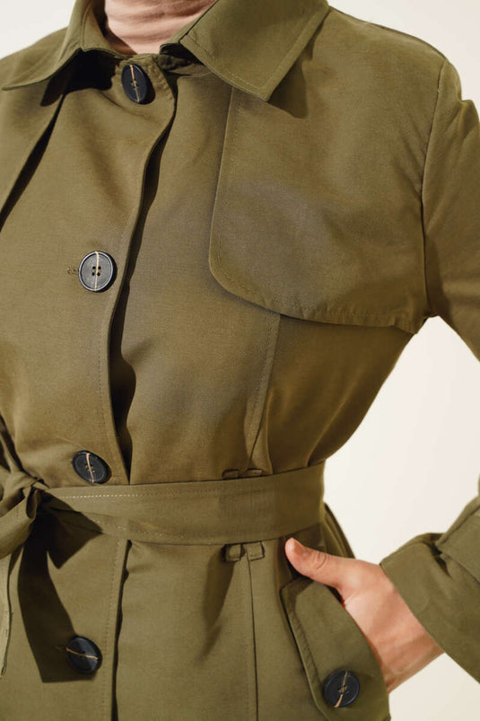 Buttoned Belted Carboy Trench Coat Khaki