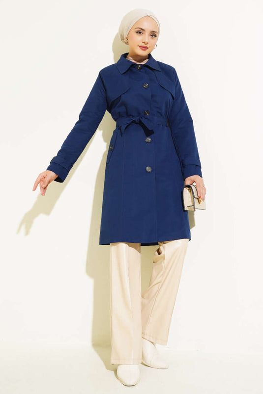 Buttoned Belted Carboy Trench Coat Navy Blue