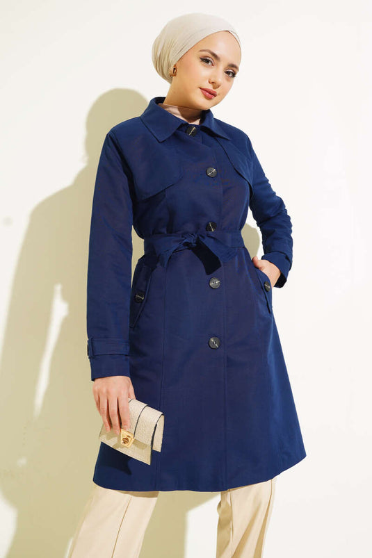 Buttoned Belted Carboy Trench Coat Navy Blue